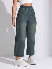 女士休闲宽松松紧腰直筒牛仔裤，适合春夏季 - 軍綠色 - 查看 3