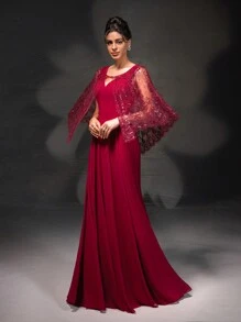 New High-End Red V-Neck Lace Shawl Evening Dress Set - Red - View 6