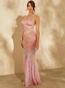SHEIN Unity Sheer Halter Neck Lace Gown With Plunging Neckline And Keyhole Cutout