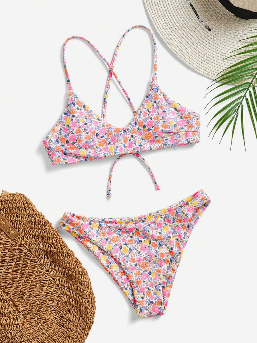 SHEIN Swim 女士夏季沙灘小花交叉背部性感二件式比基尼套裝，無線 - 彩色 - 查看 1