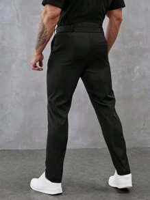 Manfinity Homme Men's Plain Belted Suit Trousers For Work, Simple Style For Ceremony Formal - Black - View 2