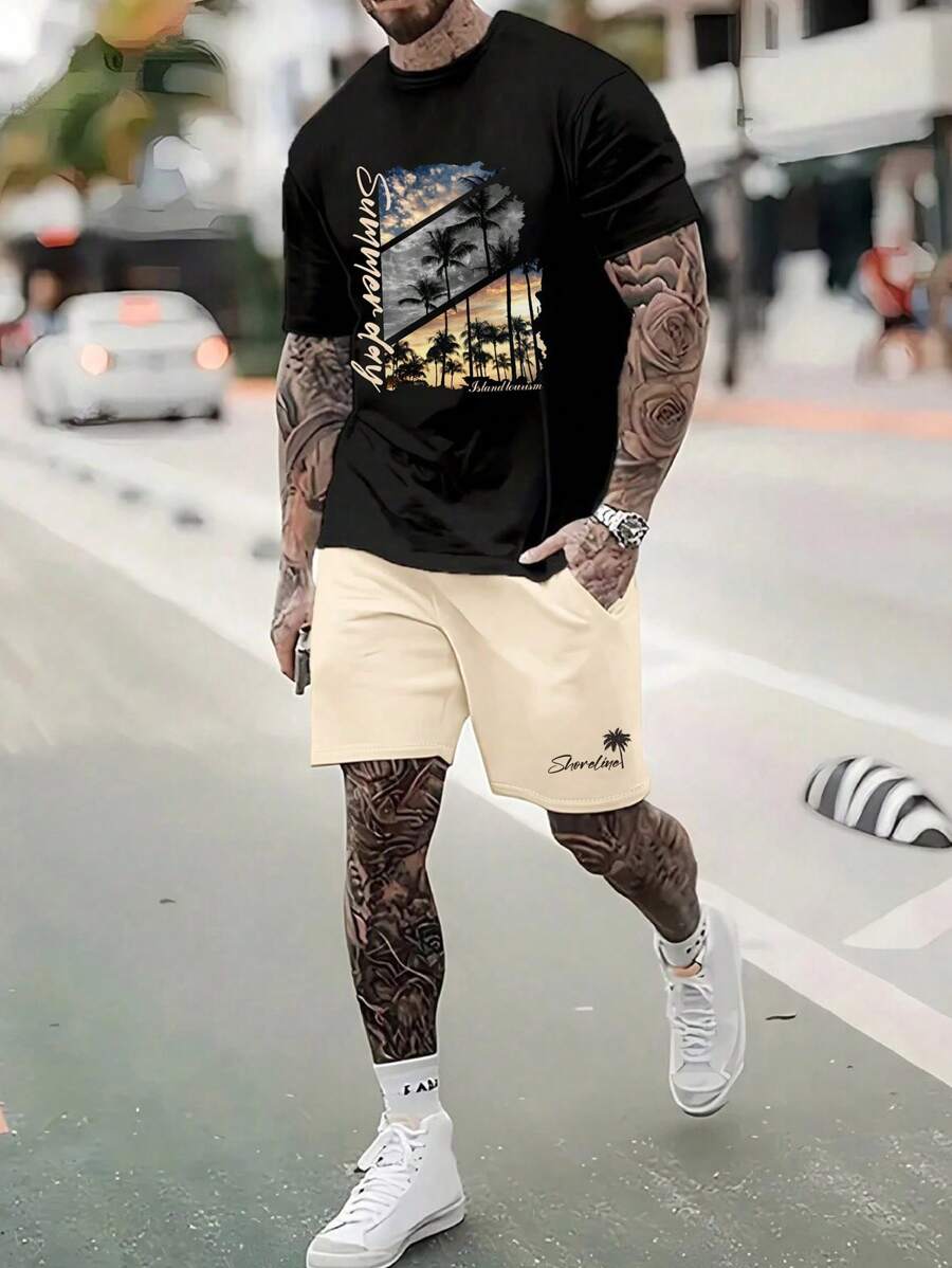 Manfinity Homme 男式棕櫚樹字母印花圓領短袖休閒T恤和短褲套裝，夏季 - 彩色 - 查看 1