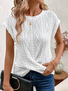 SHEIN Clasi Women's Geometric Dark Stripe Round Neck Twisted Hem Short Sleeve T-Shirt Fall Women Outfits - White - View 1