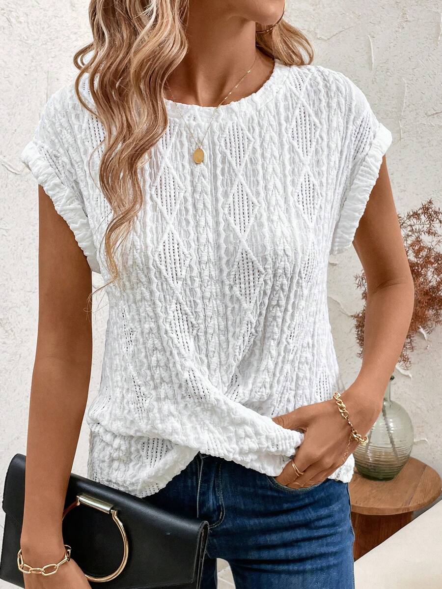 SHEIN Clasi Women's Geometric Dark Stripe Round Neck Twisted Hem Short Sleeve T-Shirt Fall Women Outfits - White - View 1