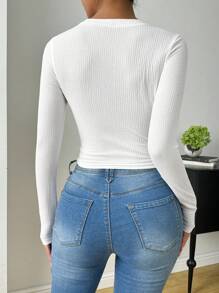 Zielony 實心不對稱下擺T恤，適用於春夏季節 - 白色 - 查看 2