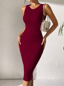 VaVaBold Summer Casual Solid Color Slim Fit Sleeveless Bodycon Dress Burgundy Color Women Outfit - Burgundy - View 4