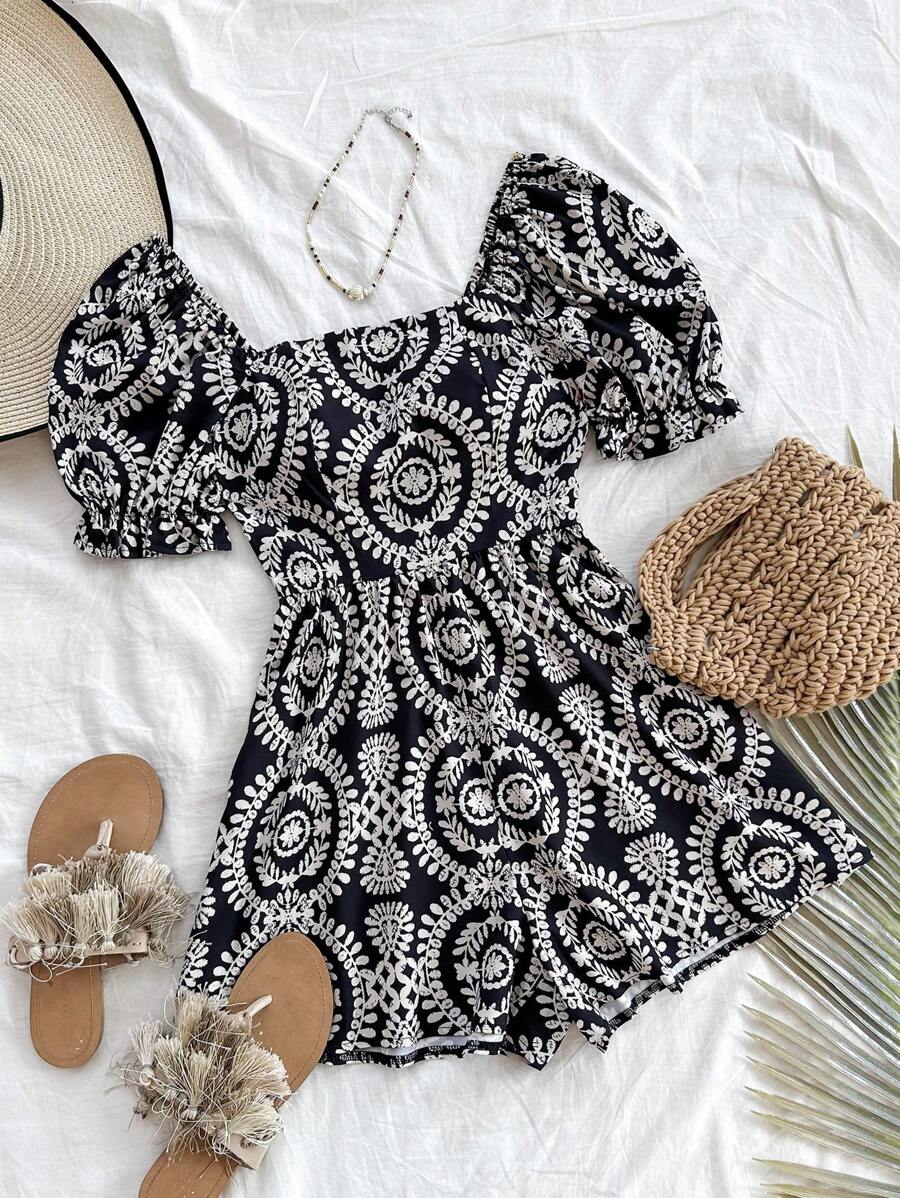 Soleia Holiday Casual Allover Print Puff Sleeve Jumpsuit - Black - View 1