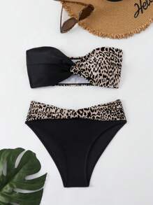 Swim Basics 女士夏季海灘豹紋拼接扭結束口比基尼套裝 - 黑色 - 查看 3
