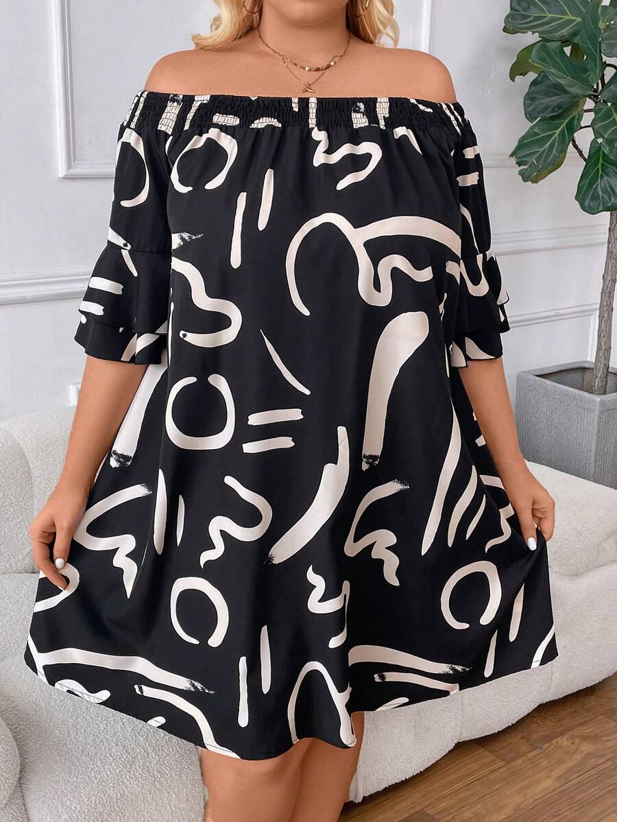 SHEIN CURVE+ Vestido midi de talla grande para mujer con pliegues y estampado - Negro - Ver 1