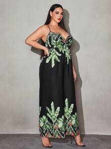 SHEIN SXY Jumpsuit in großen Größen mit Spaghettiträgern, tiefem V-Ausschnitt und offenem Rücken im eleganten und stilvollen botanischen Druckdesign