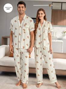 CoupledUp Bear Bubble Wrinkle Print Lapel Collar Men's Pajamas Set - Apricot - View 1
