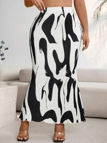 SHEIN Clasi Plus Size Women's Geometric Print Elastic Waist Fish-Tail Long Skirt Fall - Black and White - View 5
