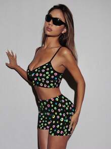SHEIN Unity Áo crop top in hoa cúc huỳnh quang màu đen & quần short siêu ngắn 2 cái/bộ - màu đen - Xem 4