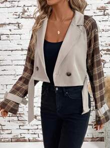 SHEIN Clasi Women's Plaid Patterned Elegant Coat With Light Khaki Sleeve Panels, Short Length - Multicolor - View 2