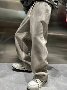 Manfinity Roghcode 男士美国高街荒原风格褪色脏运动裤，纯色长款街头宽松抽绳运动裤，适合丈夫、男朋友的礼物 - 米色 - 查看 5