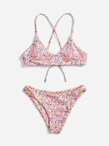 SHEIN Swim 女士夏季沙灘小花交叉背部性感二件式比基尼套裝，無線 - 彩色 - 查看 4