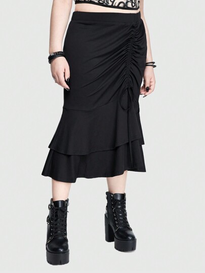 Goth Lady's Solid Color Double-Layered Hem Plus Size Bodycon Mermaid Skirt