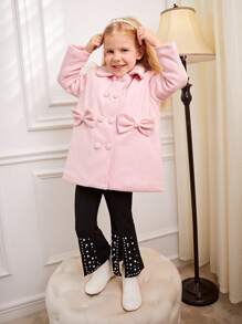 SHEIN Girls' Sweet Ladylike Wide Collar Loose-Fit Drop Shoulder Long Sleeve Thick Woolen Coat With 3D Bow, Solid Color, Autumn/Winter