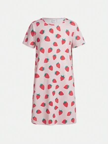 SHEIN Tween Girls' Round Neck Strawberry Pattern Knitted Comfortable Sleep Dress - Pink - View 5