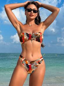 Women's Summer Beach Random Printed Bikini Set 3pcs/Set - Black - View 5
