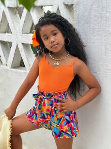 Tween Girls Vacation & Casual Spring/Summer Knitted Spliced Woven Ditsy Floral Jumpsuit With Straps - Burnt Orange - View 4