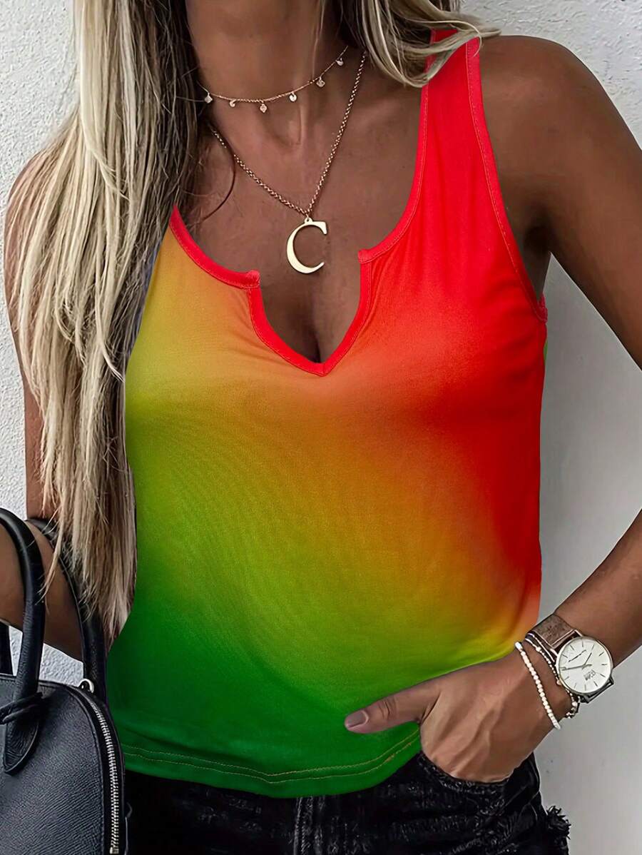 LONESS 渐变印花缺口 V 领女式背心 图案 T 恤 女式上衣 - 彩色 - 查看 1