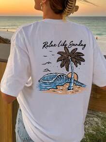 Damska letnia koszulka z nadrukiem palmy i okrągłym dekoltem, z krótkim rękawem i sloganem - Biały - Zobacz 1
