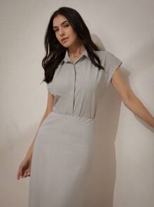 Aveloria Modichic 隨機經典條紋法式風格高腰修身通勤襯衫雪紡中長裙女夏季2件套裝 - 灰色 - 查看 5