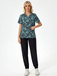 TaskEZ 1 件热带印花抽绳腰部磨砂制服上衣和 1 件运动裤 - 彩色 - 查看 4