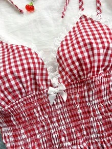 Soleia Red Plaid Lace-Up Waist Bow Tie Pleats Ruffle Romantic Casual Countryside Vacation Women's Camisole Summer Clothes