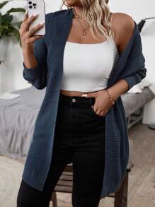 SHEIN LUNE Einfarbige einfache Lange Ärmel Strickjacke in Großen Größen für Damen, für den Winter