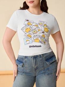 Gudetama X SHEIN 大尺碼休閒時尚白色寬鬆T恤，印有卡通蛋圖案，夏季 - 白色 - 查看 3