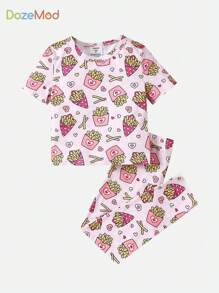 SHEIN Cô Gái Trẻ Dệt kim Sọc Khoai tây chiên In Vòng cổ Áo Và Quần Vừa Khít Trang phục mặc nhà Bộ - Nhiều màu - Xem 1