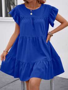 SHEIN LUNE Solid Ruffle Hem Smock Dress For Holiday - Royal Blue - View 3
