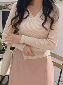 DAZY Women's V-Neck Ribbed Gentle & Elegant Sweater With Pleated Details And Long Sleeves,Fall Women Clothes - Apricot - View 6