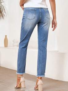 Women's Frayed Edge Denim Pants With Multiple Front Buttons And Pockets, Suitable For Daily Casual Wear