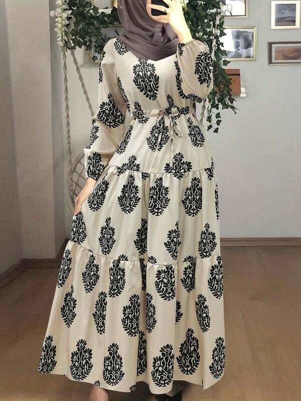 Women's Floral Print Round Neck Long Lantern Sleeve Ruffle Hem Belted Modest Dress