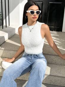 SHEIN EZwear de cuello alto Tank corto Top de punto - Blanco - Ver 4