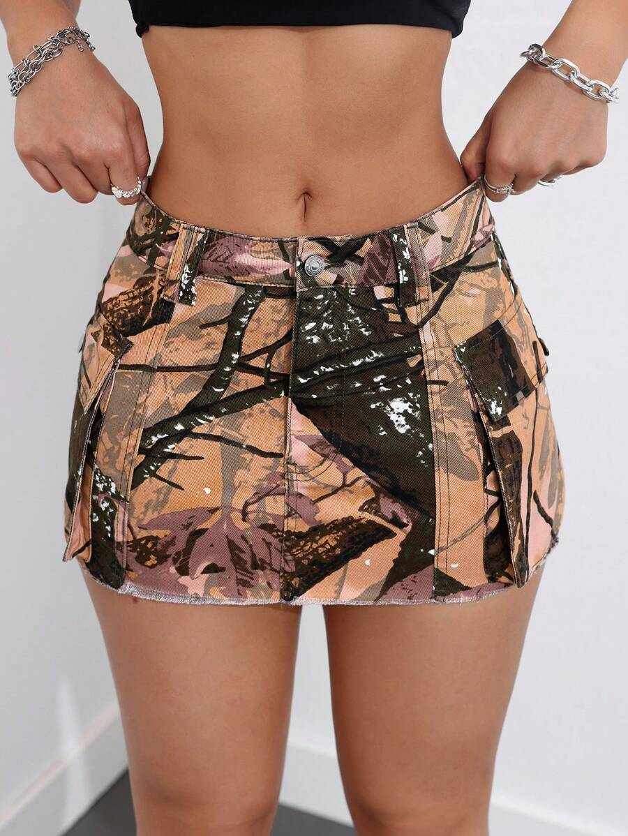 SHEIN ICON 女士夏季性感水洗口袋贴布牛仔裙 - 彩色 - 查看 1