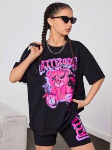 SHEIN Teen Nữ Họa Tiết Gấu Đen Graffiti Chữ Rời Áo Thun Và Quần Đi Xe Đạp Thể Thao Dạo Phố Casual 2 Bộ - màu đen - Xem 1
