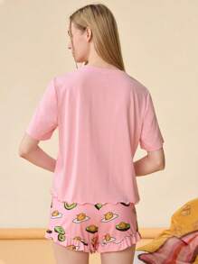 Gudetama X SHEIN Women's Summer Casual Pink Egg And Avocado Print Short Sleeve Top And Ruffle Shorts Pajama Set
Women's Pajama Set