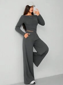 SHEIN PETITE Autumn And Winter Women's Knitted Slim Top + Wide Leg Pants Casual And Comfortable Home Dark Gray Two-Piece Set - Grey - View 5