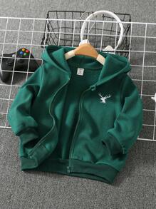 1入青少年休閒大學風寬鬆舒適連帽拉鍊運動衫，鹿刺繡，秋/冬季 - 墨綠色 - 查看 2