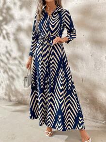 SHEIN Clasi Elegant Ladies' Shirt Collar Belted Shirt Dress Fall Women Outfits Teacher Dress Work Clothes - Multicolor - View 6