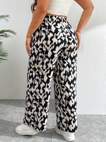 SHEIN EZwear 大码女式简约全身印花休闲腰系带阔腿裤 - 棕色 - 查看 2