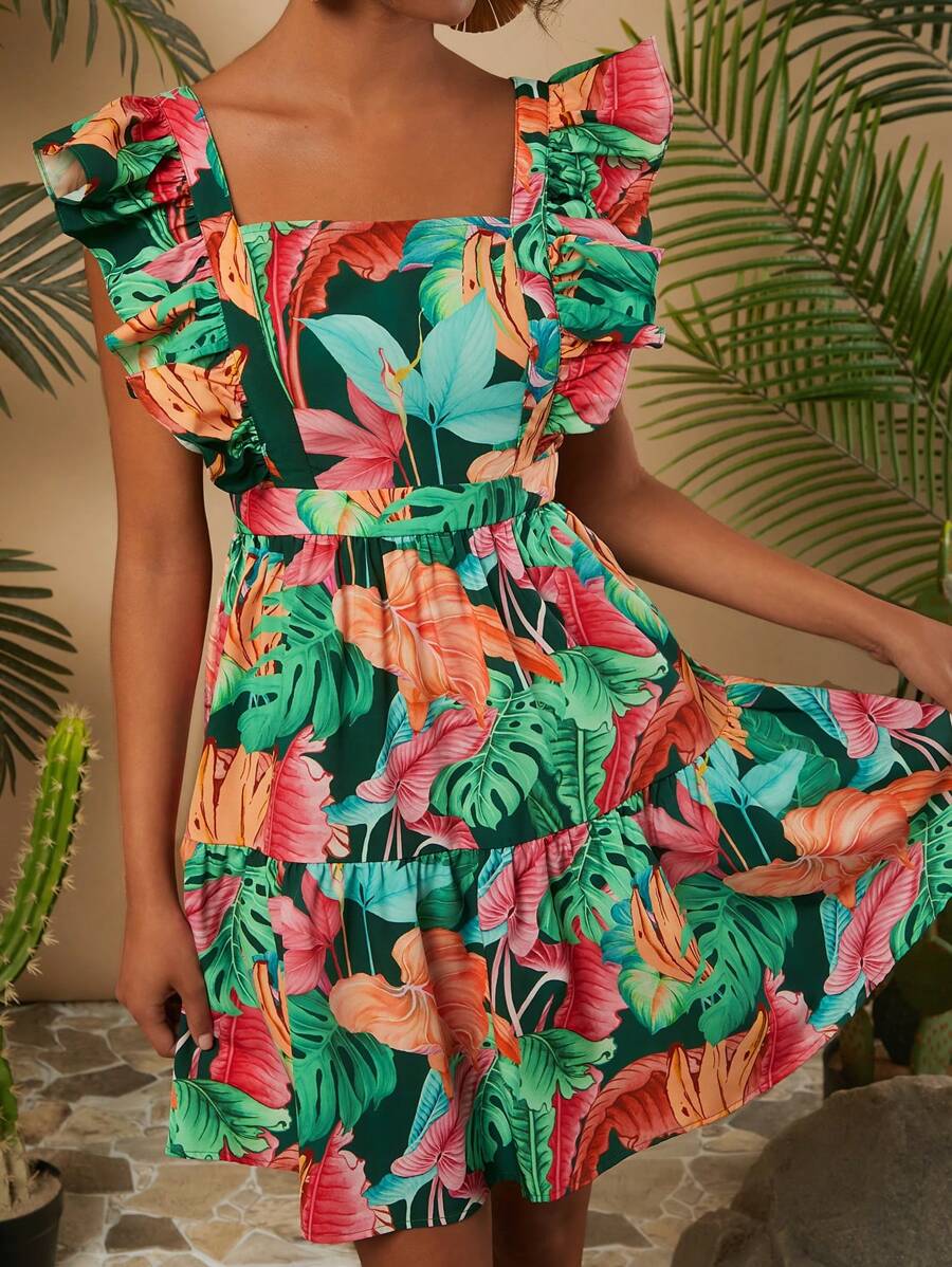 Travachic 度假風編織印花方領蝙蝠袖女式修身洋娃娃連衣裙 - 彩色 - 查看 1