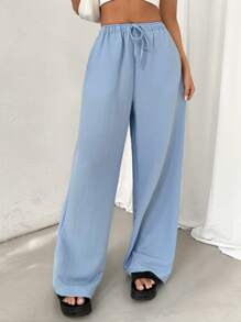 SHEIN EZwear Quần dài vừa vặn đơn giản màu trơn hàng ngày của phụ nữ - Màu xanh lam - Xem 4