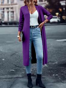 SHEIN LUNE Solid Open Front Long Sleeve Cardigan - Purple - View 6