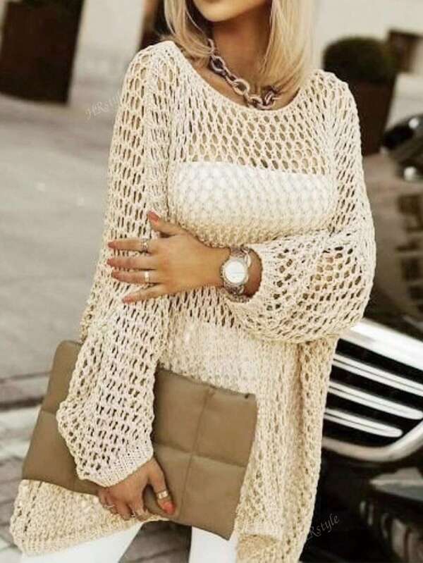 Women Casual Loose Hollow Out Crew Neck Long Sleeve Sweater