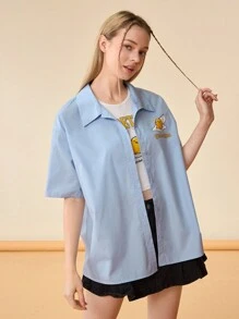 Gudetama X SHEIN 女款休閒卡通蛋和字母印花短袖上衣 - 淺藍色 - 查看 3